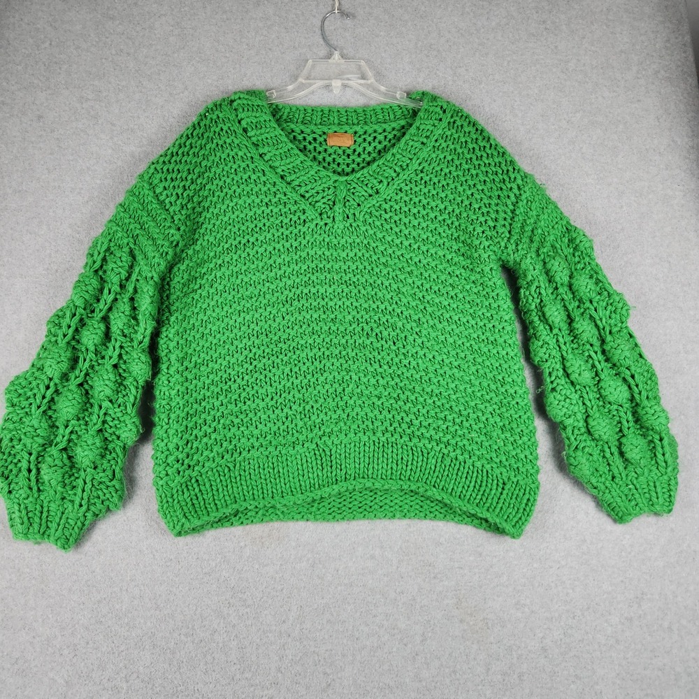 POL Sweater Womens Small Green Chunky Knit V-Neck Bubble Sleeve Popcorn Boho